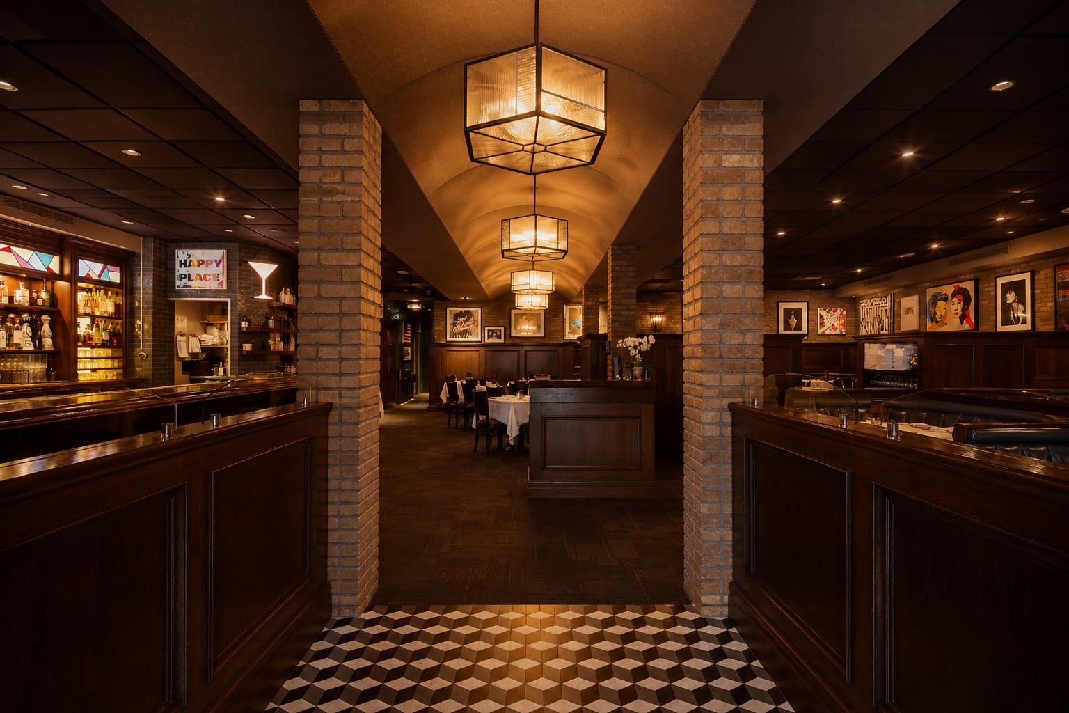 A brick-arched hallway with lantern light and a checkered floor at Craig's